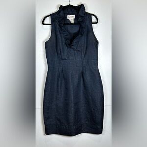 Danny & Nicole Navy Ribbed Sheath Knee Length Dress with Ruffled VNeck Collar.